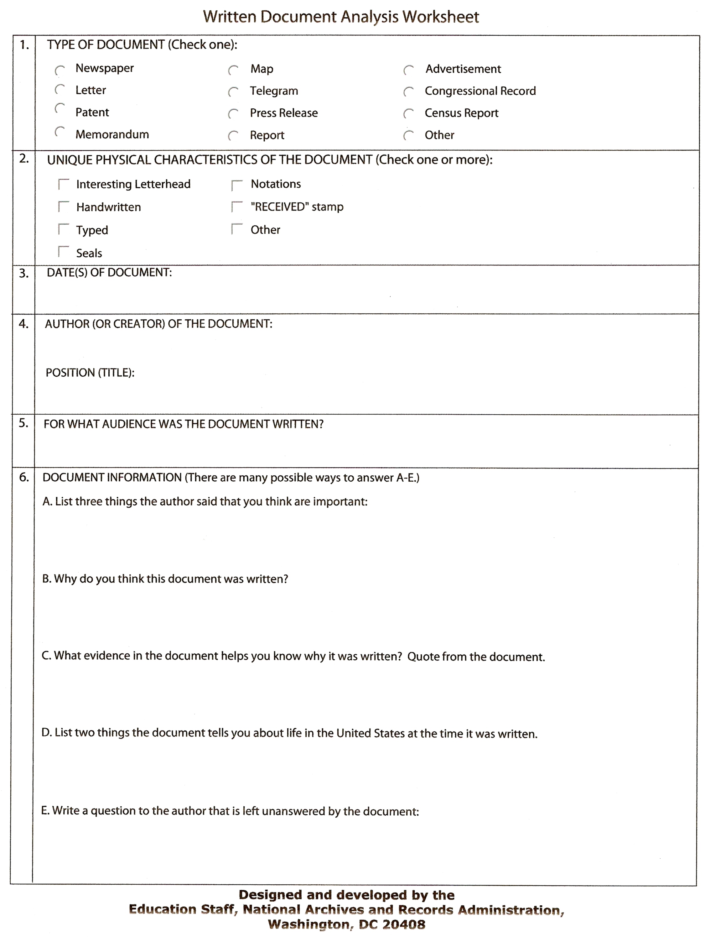 Written Document Analysis Worksheet Answers